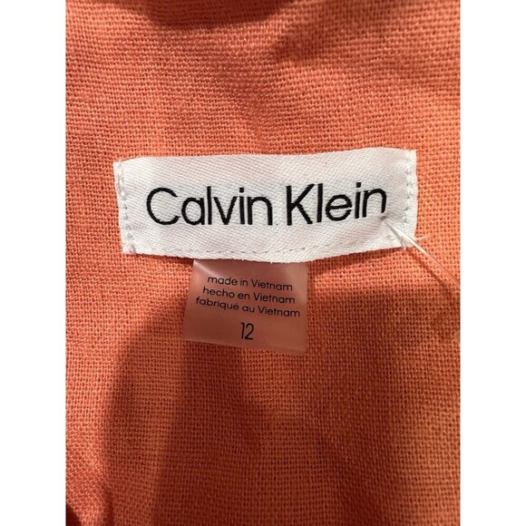 NWOT Calvin Klein Orange Roll-Tab-Sleeve Button-Front Linen Blend Shirtdress 12 - Picture 8 of 11